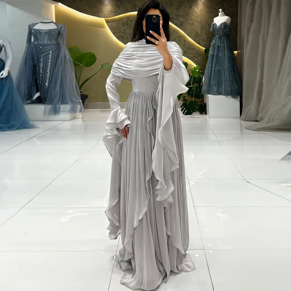 

Sparkly Chiffon Evening Dresses Elegant Off the Shoulder Long Sleeves Homecoming Dresses Sweep Train Customized Celebrity Gowns