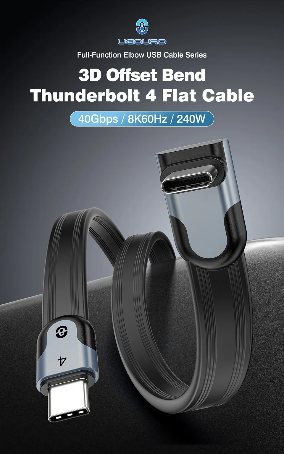 UGOURD Right Angle Thunderbolt4 USB4 Type C Cable 90 Degree Elbow 8K 240W Fast Charging 40Gbps Data Sync USB Cord All Directions