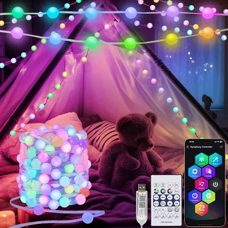 Led colorido bola string luz mudança de cor sincronização música luzes de fadas bluetooth app controle à prova dwaterproof água fio pvc jardim acampamento