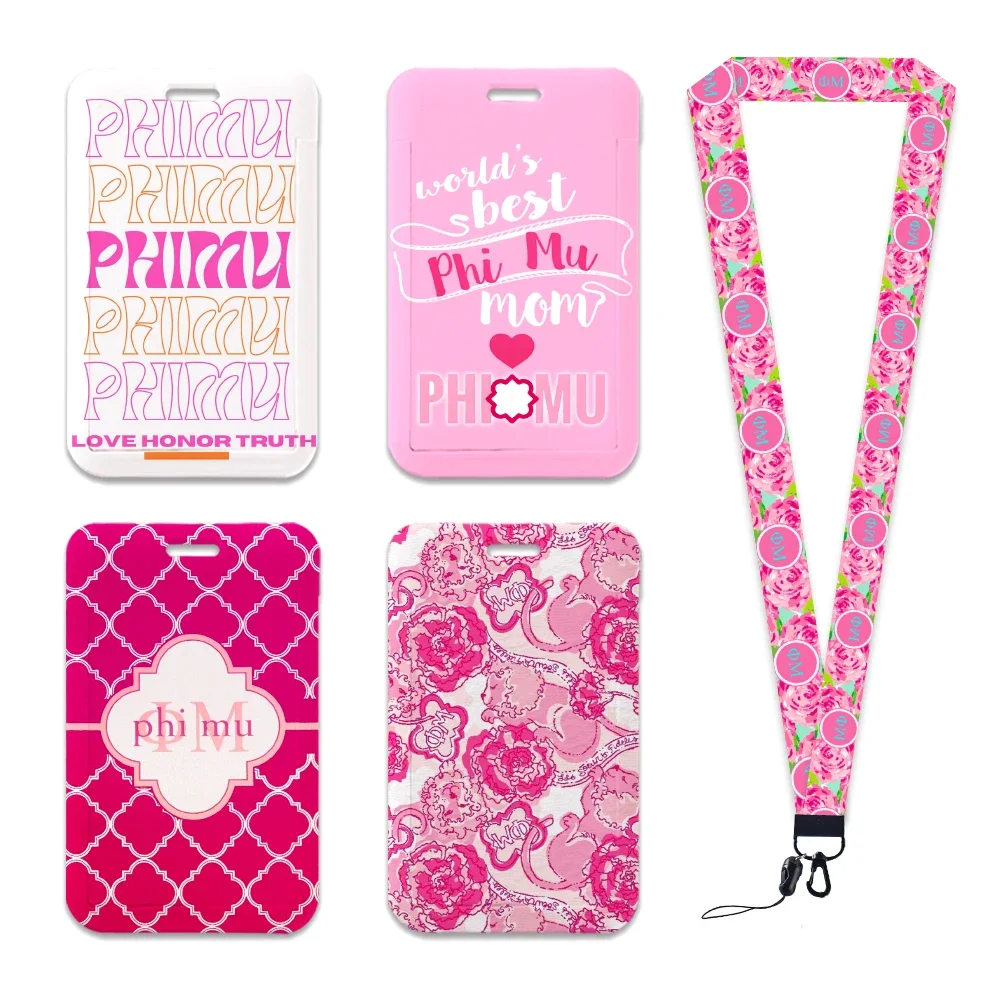 Sorority Phi Mu ID Card Holder Pink Neck Strap Polyester Lanyard Keychain ID Badge Holder