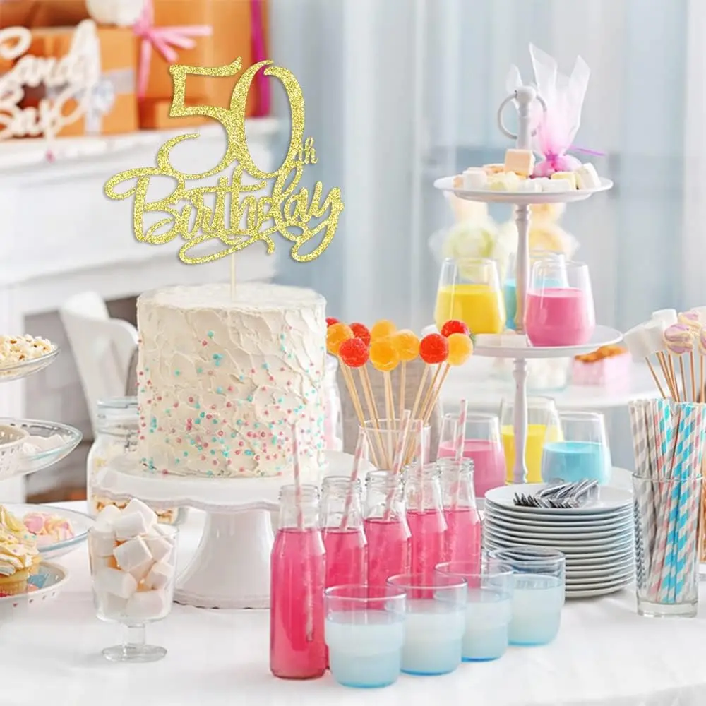 Gold happy 50th birthday cake topper,Hello 50, Cheers to 50 Years,50 & Fabulous Party Decoration(50)