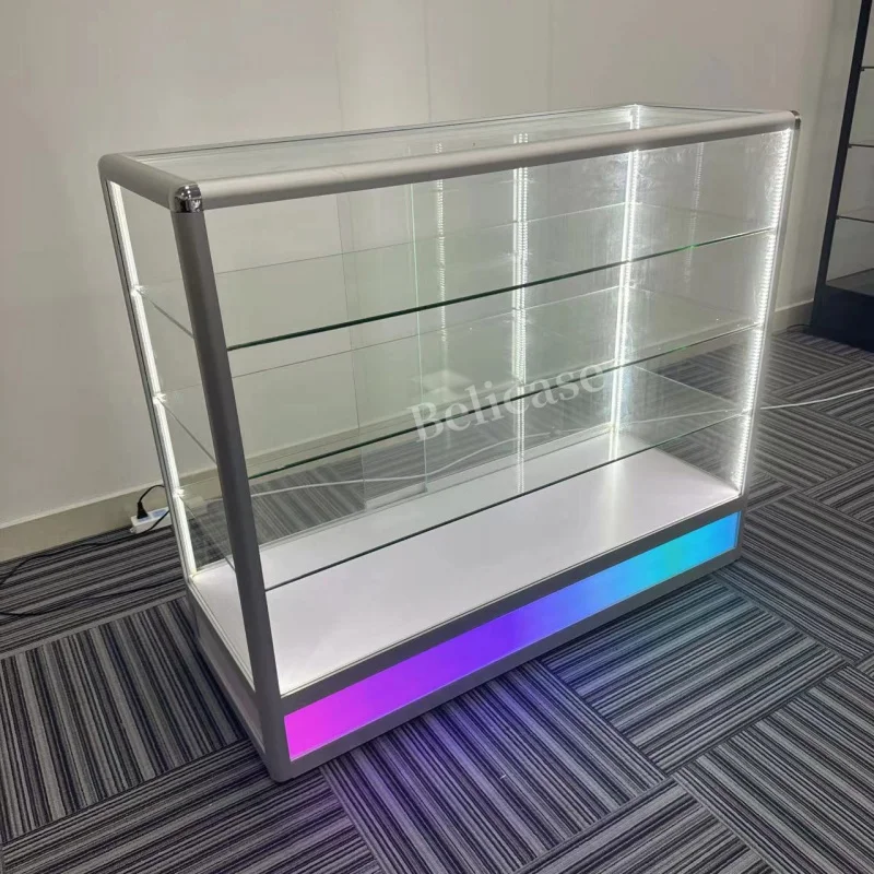 customized.Aluminum Frame Multi-tier Floor Display Retail Store Glass Counter with Colored RGB Light Smoke Shop Glass Showc