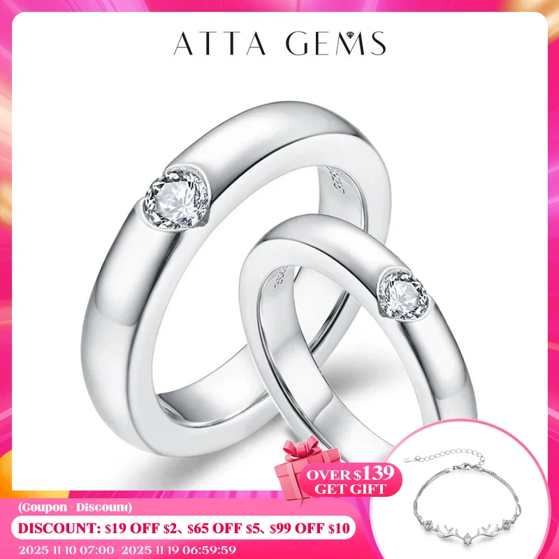 

ATTAGEMS 2024 New D Color Round Cut Moissanite Couple Ring For Men Wemen Solid 925 SIlver Simple Wedding Jewelry Party Gift