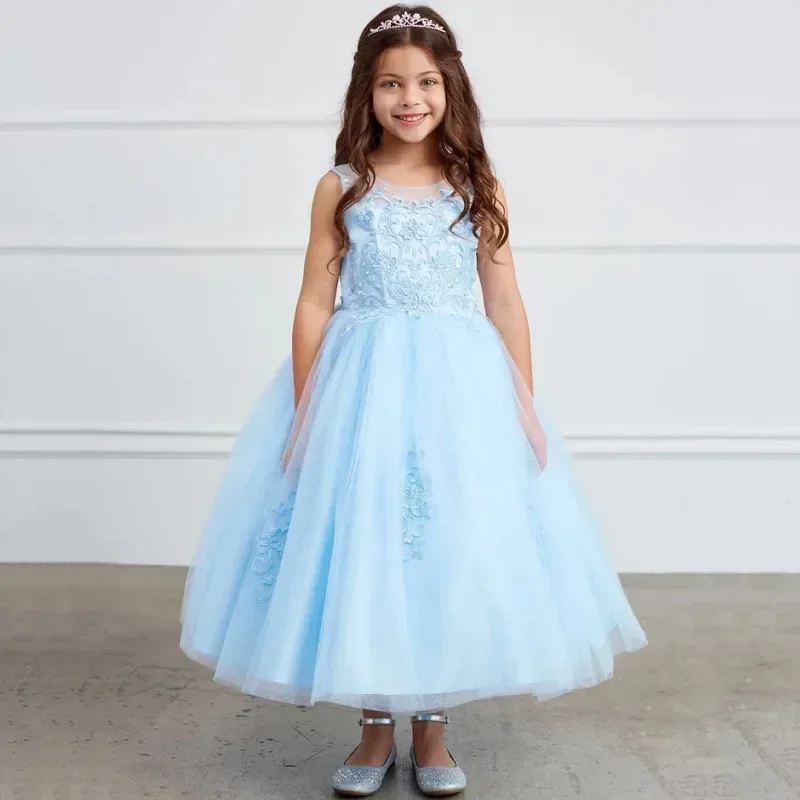 Sky Blue Flory Pattern With Ribbon Sleeveless For Wedding Birthday Party Banquet Princess Gowns Customized Flower Girl Dresses