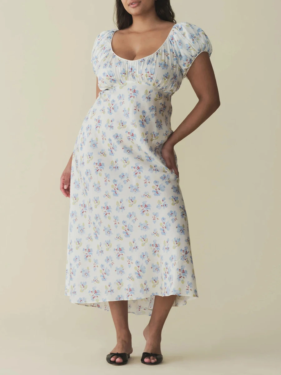 Robe mi-longue smockée à manches bouffantes pour femmes, robes camisoles A-Line, imprimé floral décontracté, balançoire fluide, sortie, streetwear, Y2K