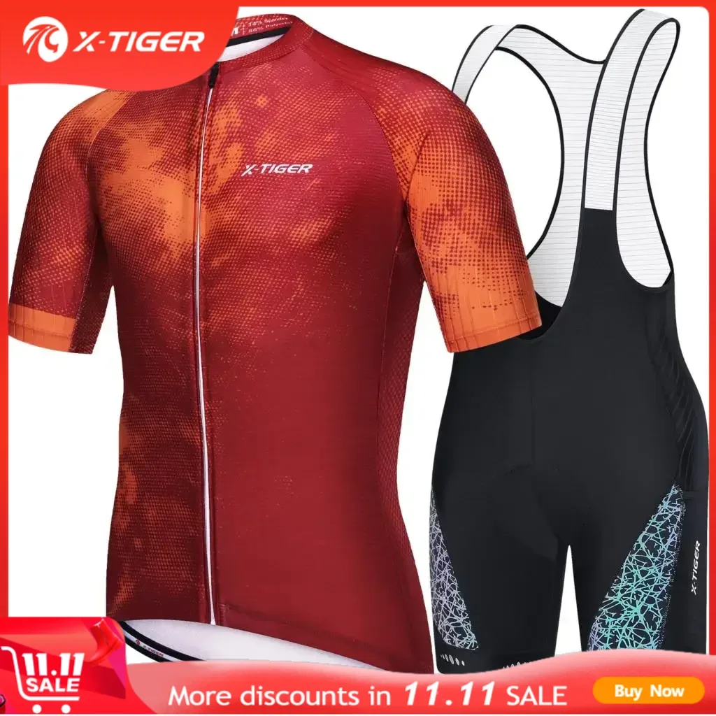 X-TIGER Men's Cycling Jersey Set Red Summer Bicycle Short Sleeve Set Quick-Dry Breathable Shirt With 5D Cushion Shorts Padded