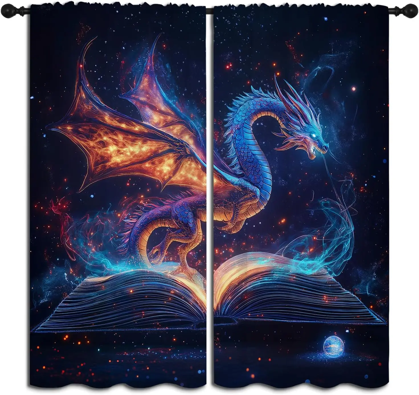Starry Sky Magic Book Boy Girls Blackout Curtains,Fantasy Galaxy Dragon Fairy Tale Storybook, 2 Panel Rod Pocket Thermal