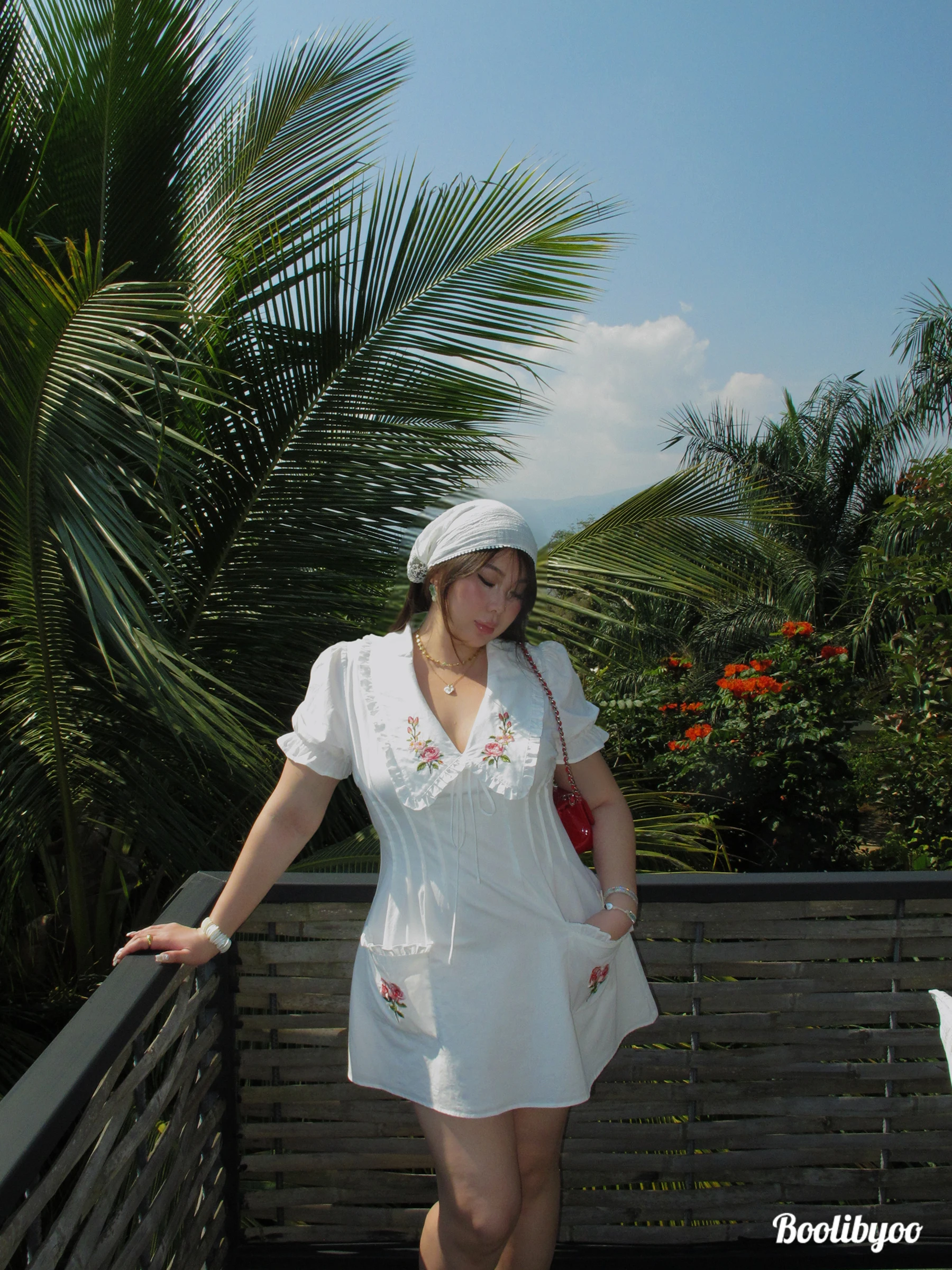 

Natural Heavy Embroidery A-Line Dress V-Neck Waist-Cinched Belted Short Style Holiday Vibes Women's Cotton Dress