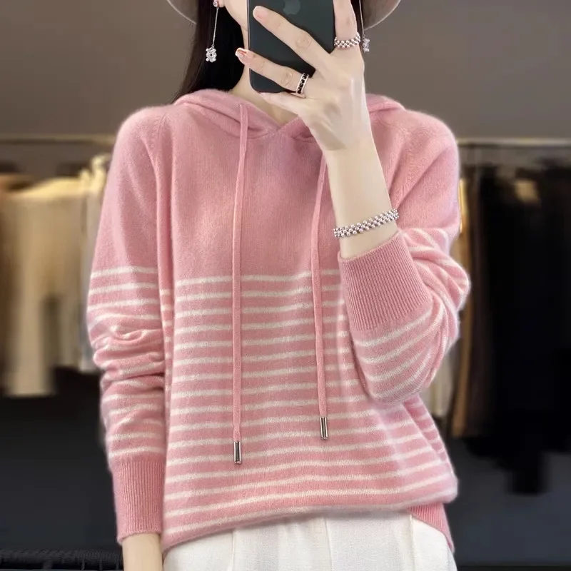 Women Stripe Hooded Knitwear Tops Ladies Pullover Color Blocking Sweater Outwear Autumn Winter Female Large Size 5XL Knit Jacket