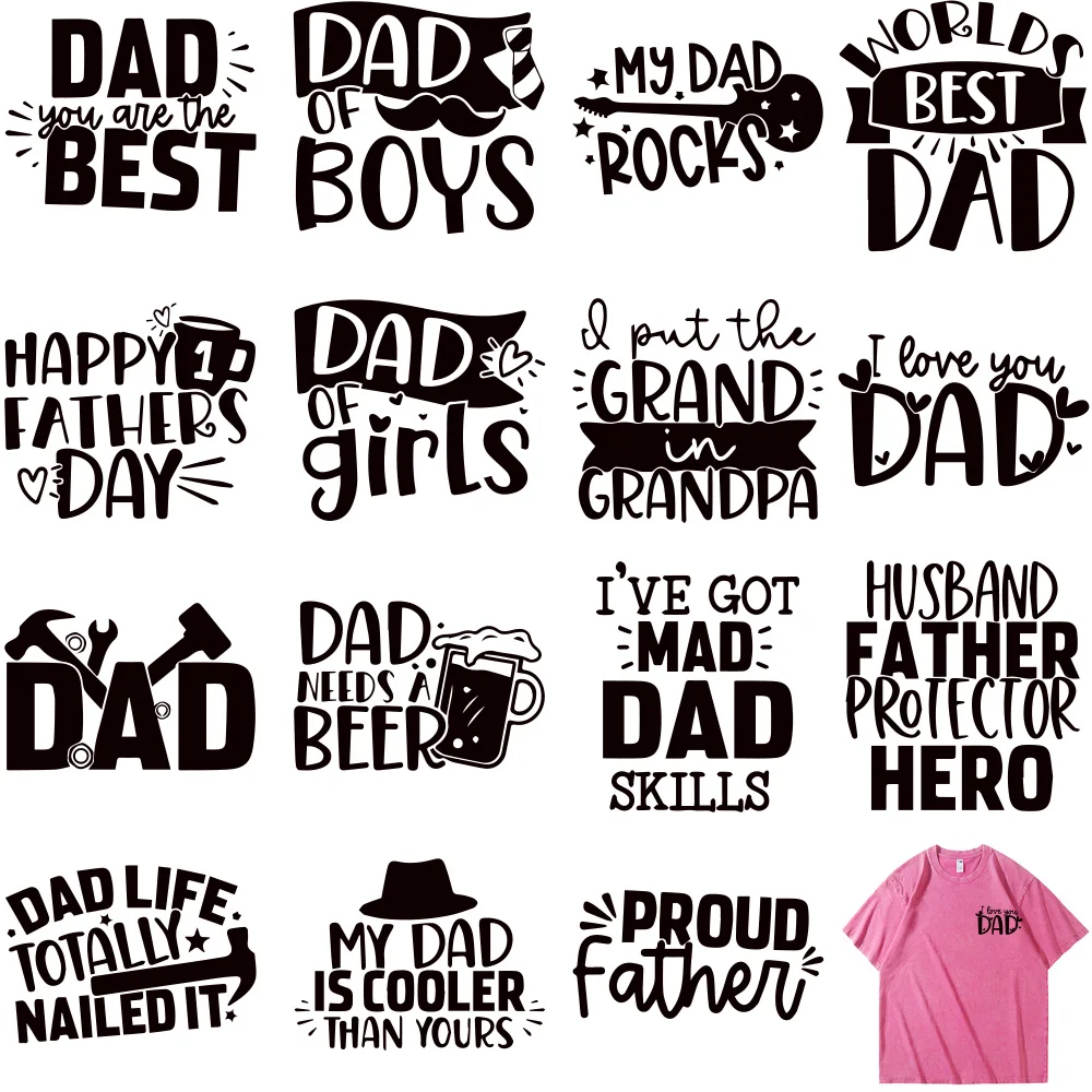 

15PCS Fathers Day Heat Transfer Stickers, Funny Dad Letter Iron On Patches for T-Shirt, DIY Clothing Decals