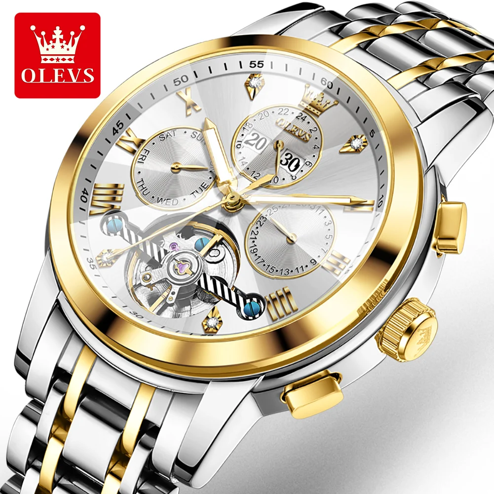 

OLEVS Brand Original Tourbillon Watch Mens Luxury Stainless Steel Waterproof Luminous Mechanical Watch Calendar Automatic Watch