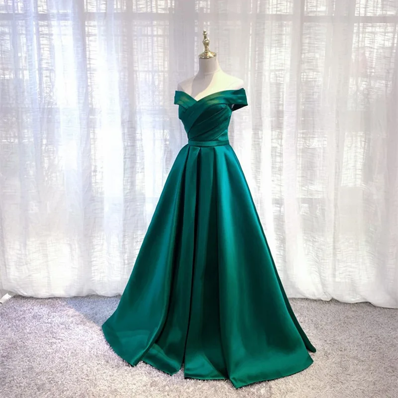 Off Shoulder Satin Evening  Dark Green Belted Banquet Party Dress Cap Sleeve A Line Formal Evening Dress Vestidos Customized