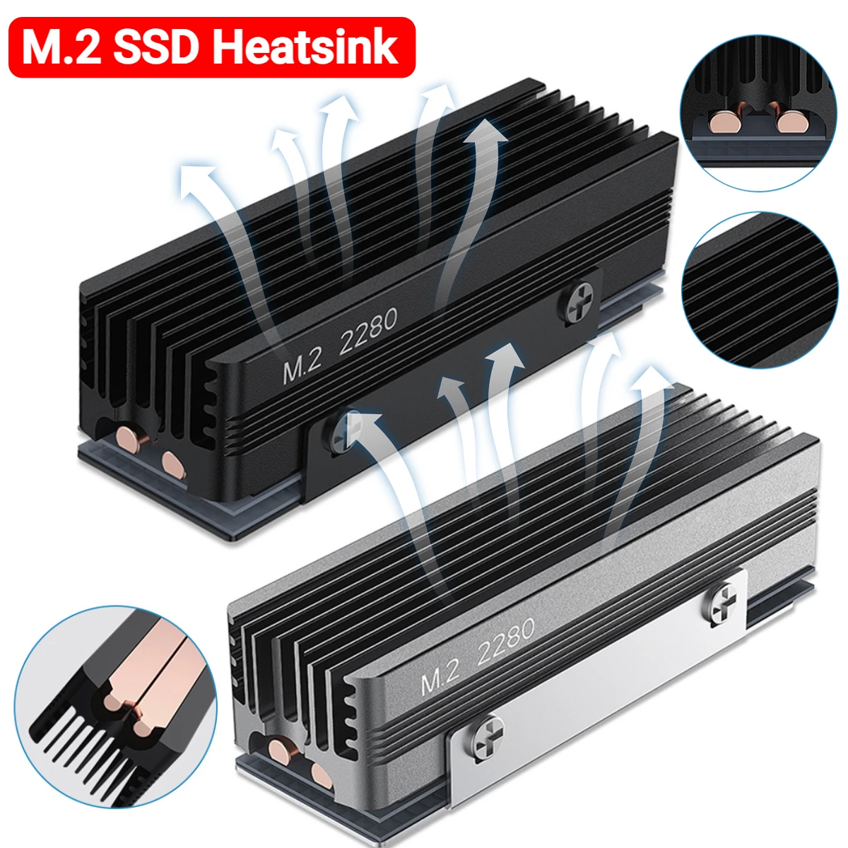 M.2 SSD Heatsink with Thermal Silicone Pad Aluminum M.2 SSD Cooler 2 Copper Heat Pipe Cooler Cooler Gasket for M.2 NVMe 2280 SSD