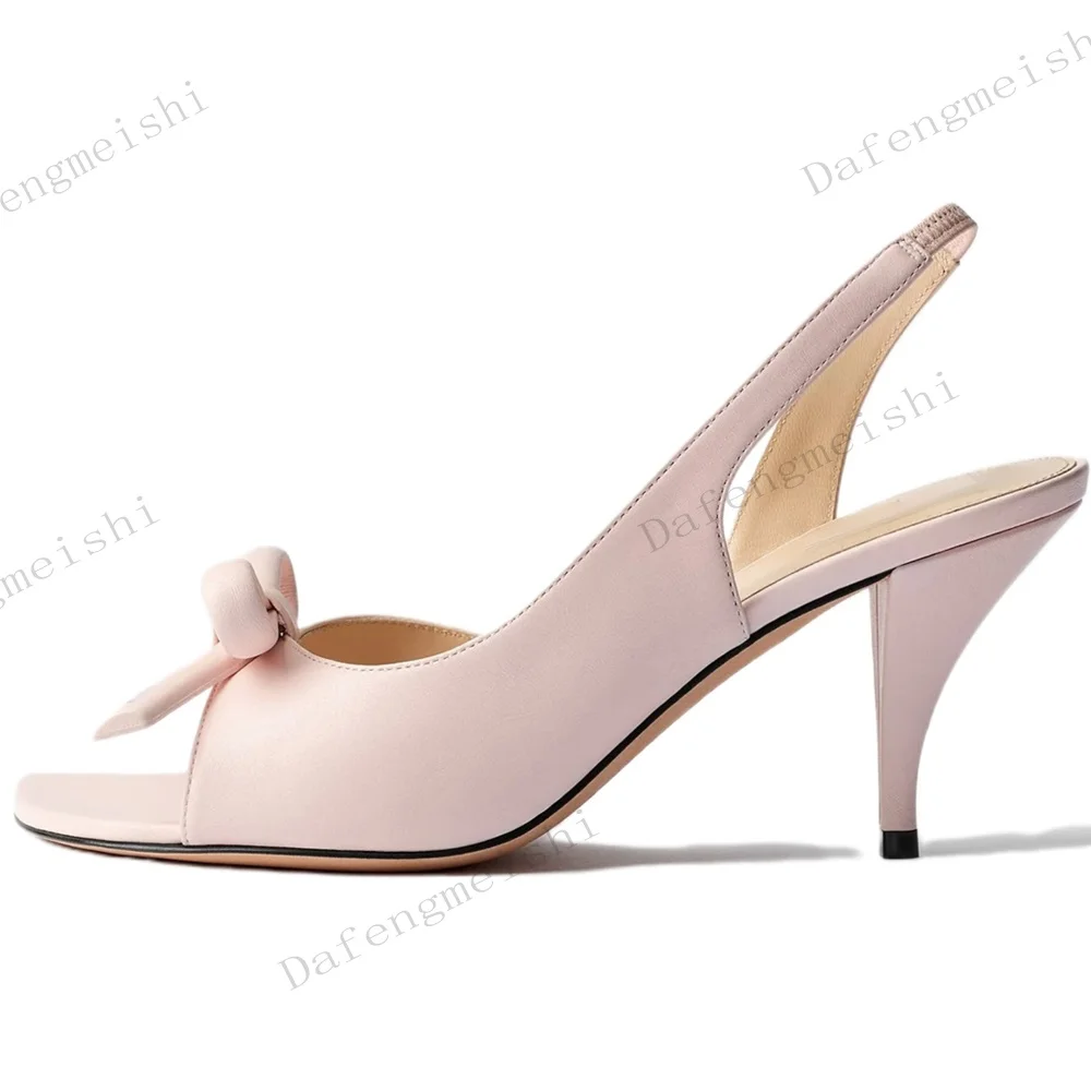 Light Pink Leather Bow Slingback Sandals Square Open Toe Women Elegant Wedding Party Fashion Slip On Stiletto High Heels