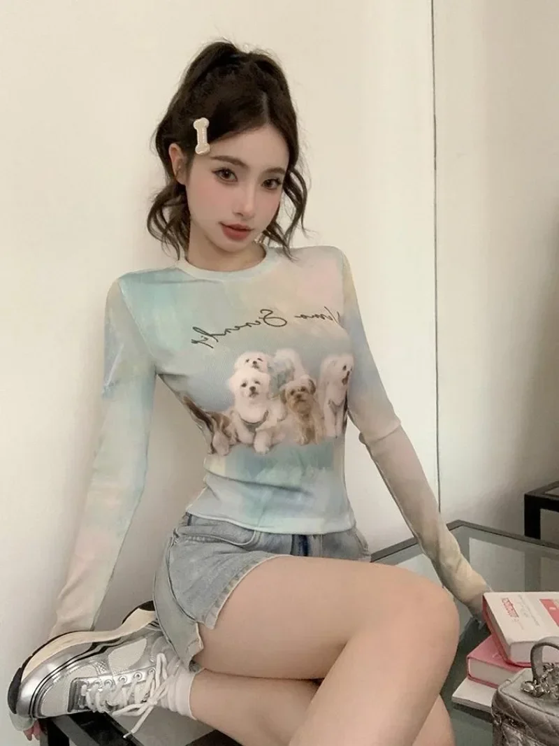 Y2k التعادل مصبوغ كم طويل بلايز سليم صالح الكلب طباعة Camisetas الجمالية خمر المرأة س الرقبة Kawaii الحلو تيز الشارع الشهير #6