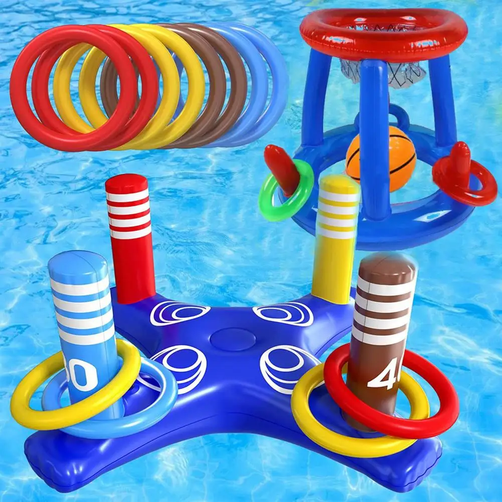 Inflatable Basketball Hoop Pool Floats Toy Set Floating Cross Ring Toss Toys for Kids Adults Swimming Pool Floating Toy Game Set