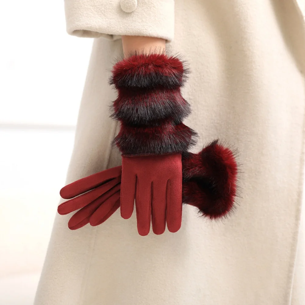 Korean Two-color Imitation Rabbit Fur Gloves Women Imitation Suede Warm Full Finger Gloves Touch Screen Windproof Riding Gloves