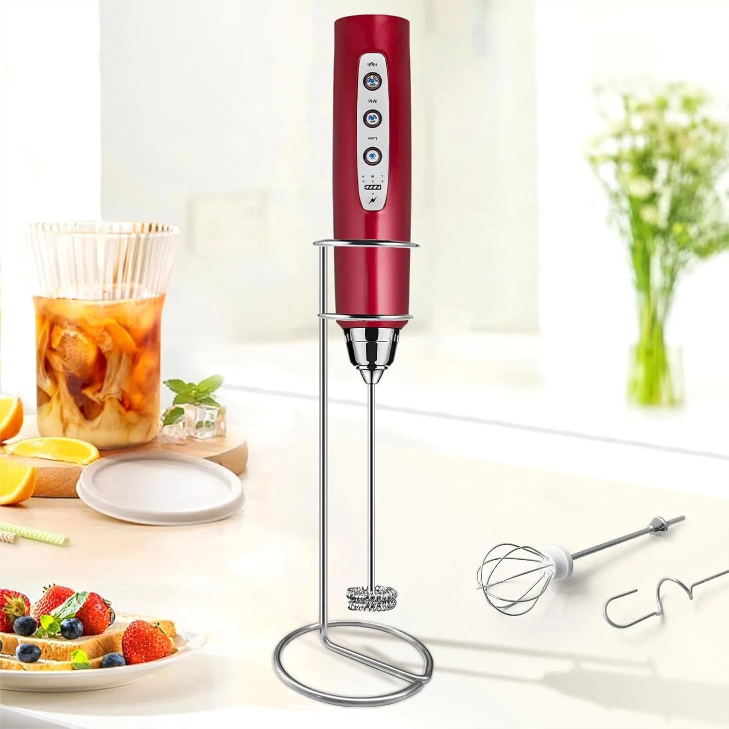 

Milk Frother with Stand Rechargeable Handheld Frother Wand 3 Stainless Whisks 3 Speed Adjustable Electric Whisk Drink Mixer Foam