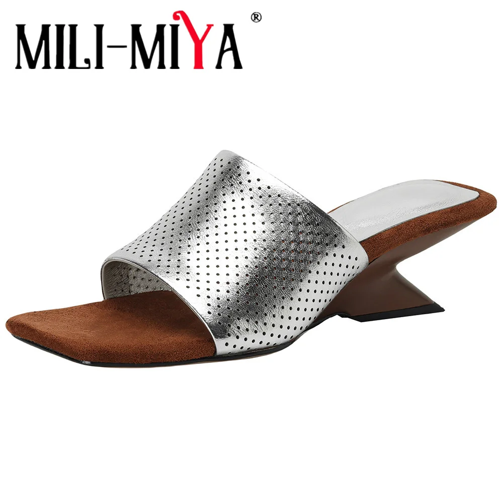 

MILI-MIYA New Arrival Hollow Design Women Cow Leather Sandals Strange Heels Slip On Square Toe Solid Color Casual Street Shoes