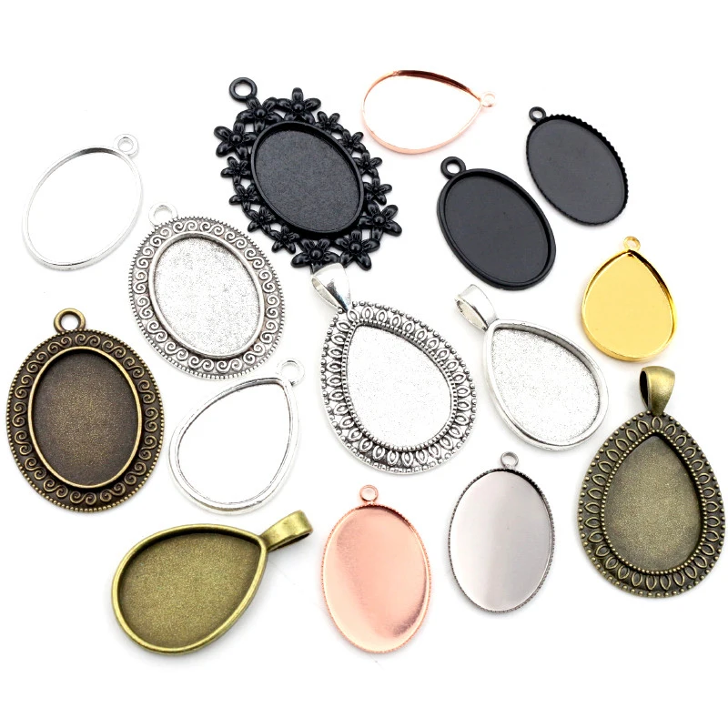 10pcs 18x25mm Inner Size Antique Silver Plated Bronze Drop Oval Cameo Cabochon Base Setting Charms Pendant necklace findings