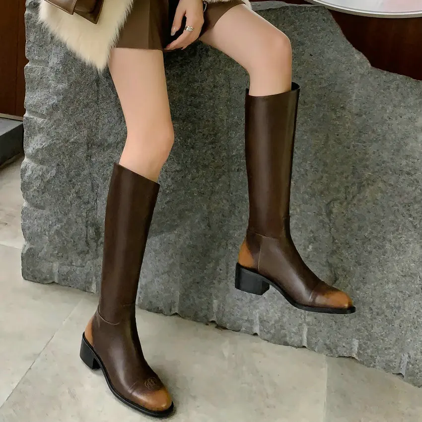 QUTAA 2024 Women Knee High Boots Autumn Winter Low Heels Office Lady Motorcycle Working Genuine Leather Shoes Woman Size 34-39