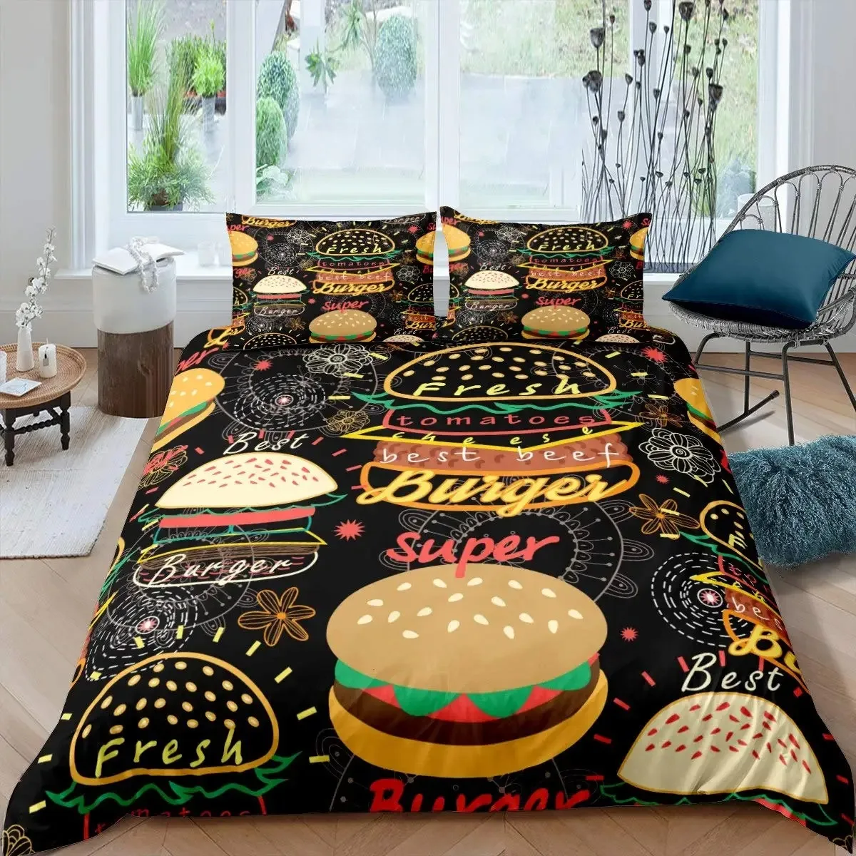 

American Fast Food Duvet Cover Set Full Size Polyester Pizza Hotdog Hamburger Print Bedding Set French Fries Cartoon Quilt Cover