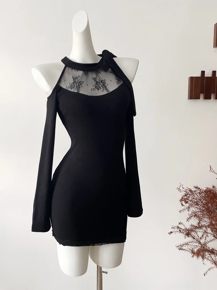 Feminino preto gótico bodycon vestido de noite vintage fora do ombro manga longa vestidos de luxo y2k uma peça vestidos 2000s roupas