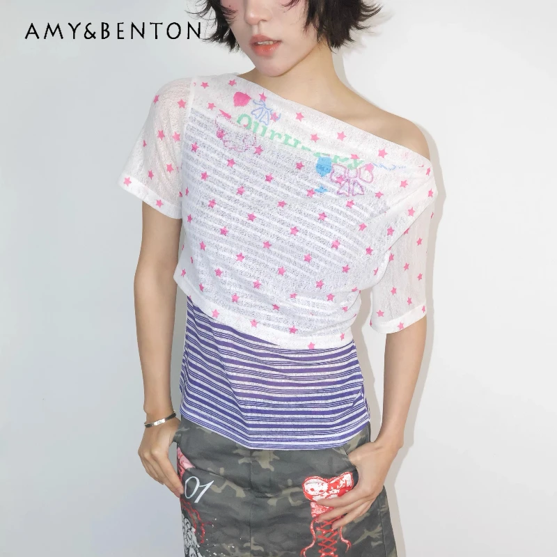 

Оригинальный дизайн Y2K Star: Новая летняя женская футболка-обманка с эффектом двухслойности, сетчатая, эластичная, свободного кроя, на одно плечо, с коротким рукавом