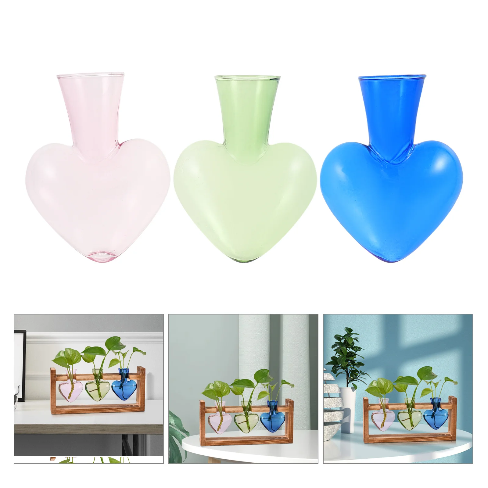 

3Pcs Colorful Hydroponic Heart Shaped Glass Vase Clear Flower Pot Desktop Planter Home Decoration Indoor Plant Display