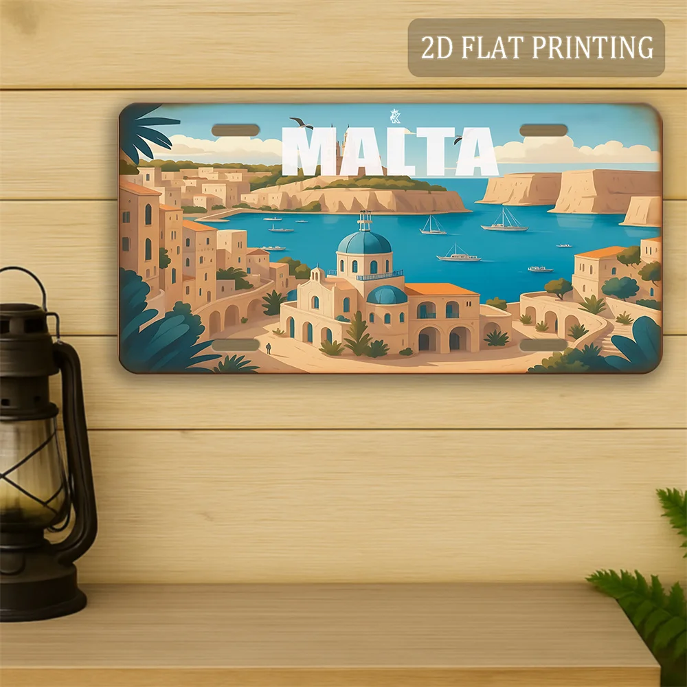 Placa de Matrícula Impresa en 2D con Paisaje Costero Mediterráneo de Malta, Pintura Metálica de Aluminio, Impresión Nítida de Alta Definición
