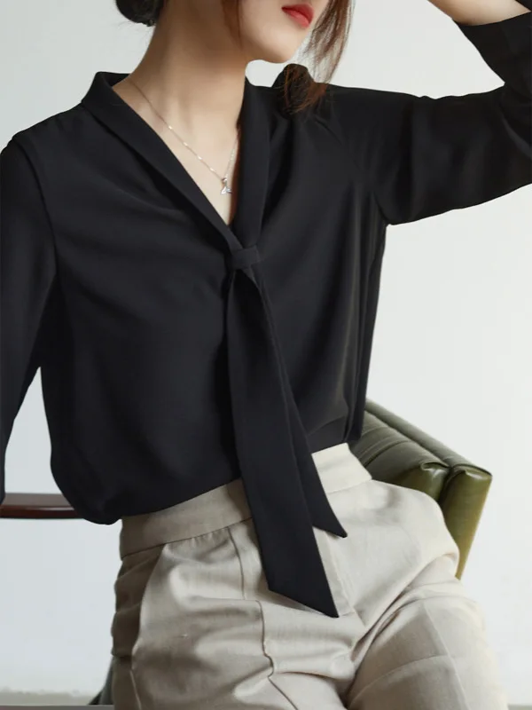 

Женская шифоновая одежда Long Sve с галстуком, весенне-осенняя модная универсальная верхняя многослойная одежда, корейская Sle Strai...