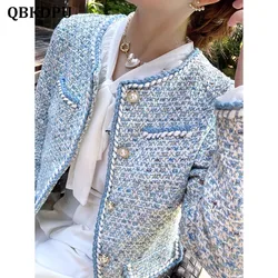 Elegante blaue O-Ausschnitt Tweed Jacke Tops Frauen Vintage einreihige Freizeit mäntel Blusas koreanische Mode Langarm Abrigos 2024