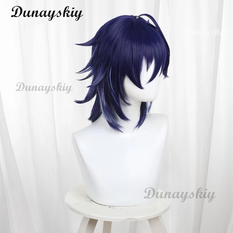 원신 임팩트 오로론 코스프레 가발 게임 다크 블루 짧은 머리 나틀란 할로윈 파티, 여성 남성 역할 놀이 소품 액세서리