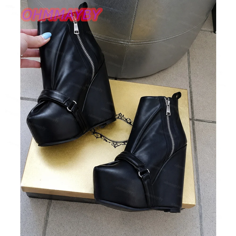 Women Wedge Boots Black Round Toe Platform Side Zipper Strap Detail Ankle Boots Fashion Party Clubwear Casual Streetwear Shoes