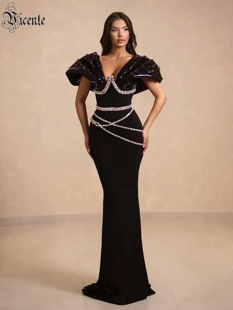 VC Retro Cocktail Party Charm Abito da sera aderente con maniche a sbuffo in raso nero con accenti di cristalli Abito lungo da gala