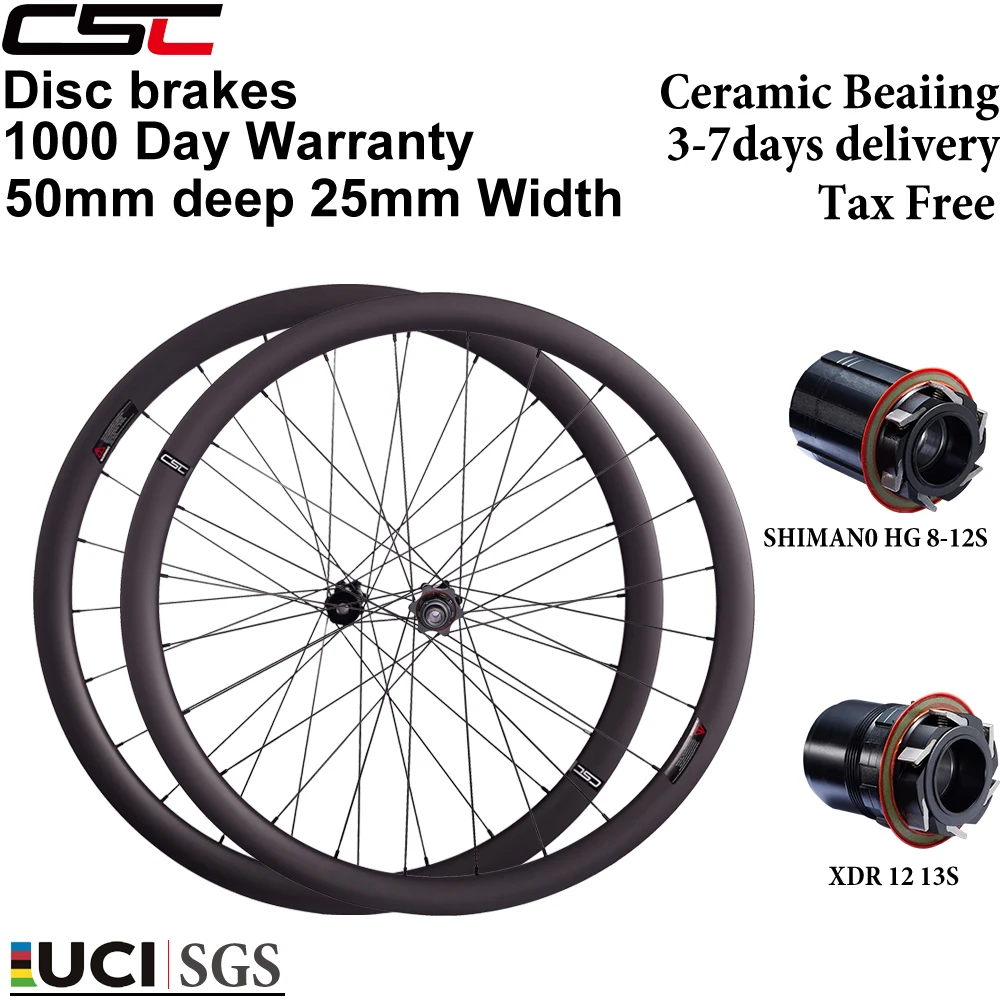 Jeu de roues en carbone pour vélo de route CSC 700C, frein à disque céramique, Center Lock, 50 mm de profondeur, 25 mm de largeur, pour vélo de cyclocross