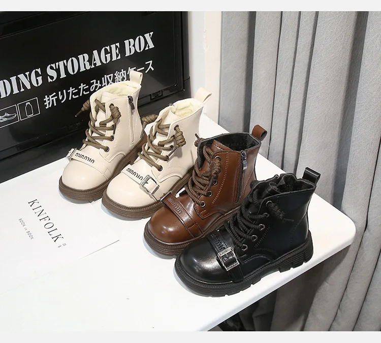 

Children's Boots Winter New Velvet Boys and Girls Fried Street Side Zipper Belt Buckle Short Boots Children's Casual Low Boots