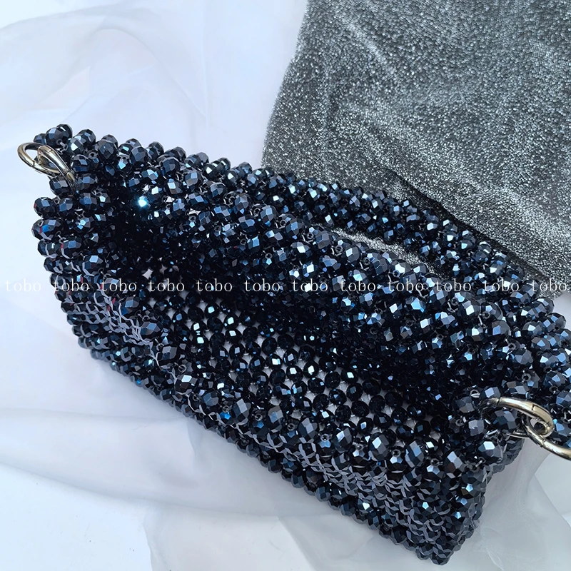 Black Crystal Bead Woven Cosmetic Bag for Makeup Evening Party Bags for Women Summer Casual Large Capacity Shoulder Bags