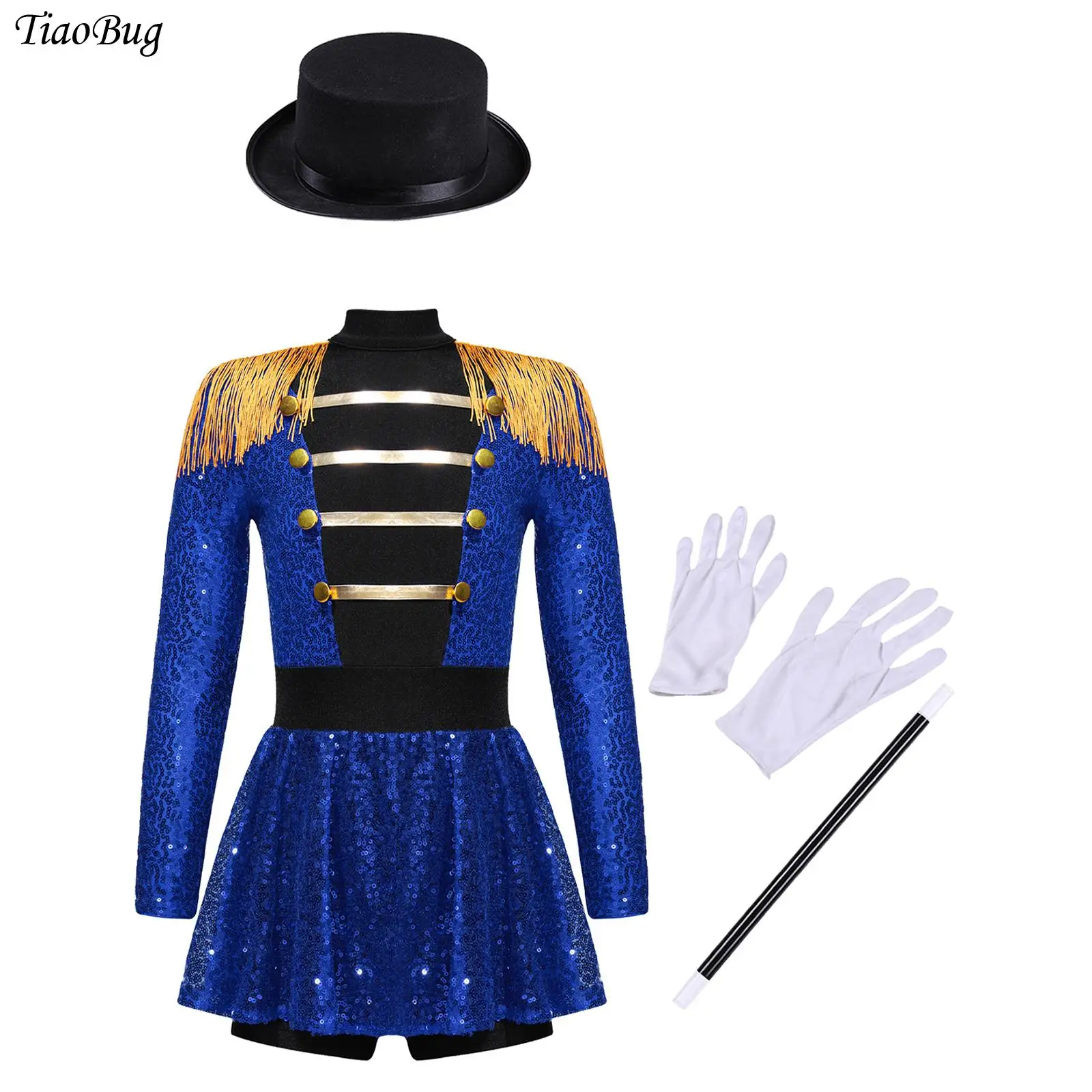 

Girls Halloween Circus Ringmaster Costume Long Sleeve Tassel Sequin Leotard Bodysuit And Hat Magic Wand Gloves Magician Dress Up