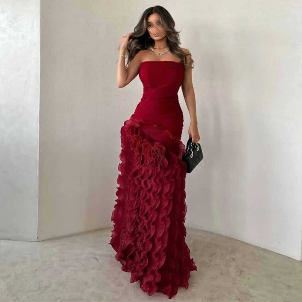 

Elegant Party Dresses Woman Jersey Sheath/Column Evening Dress Burgundy Strapless Ruffles Tiered Celebrity Dress Long 2025