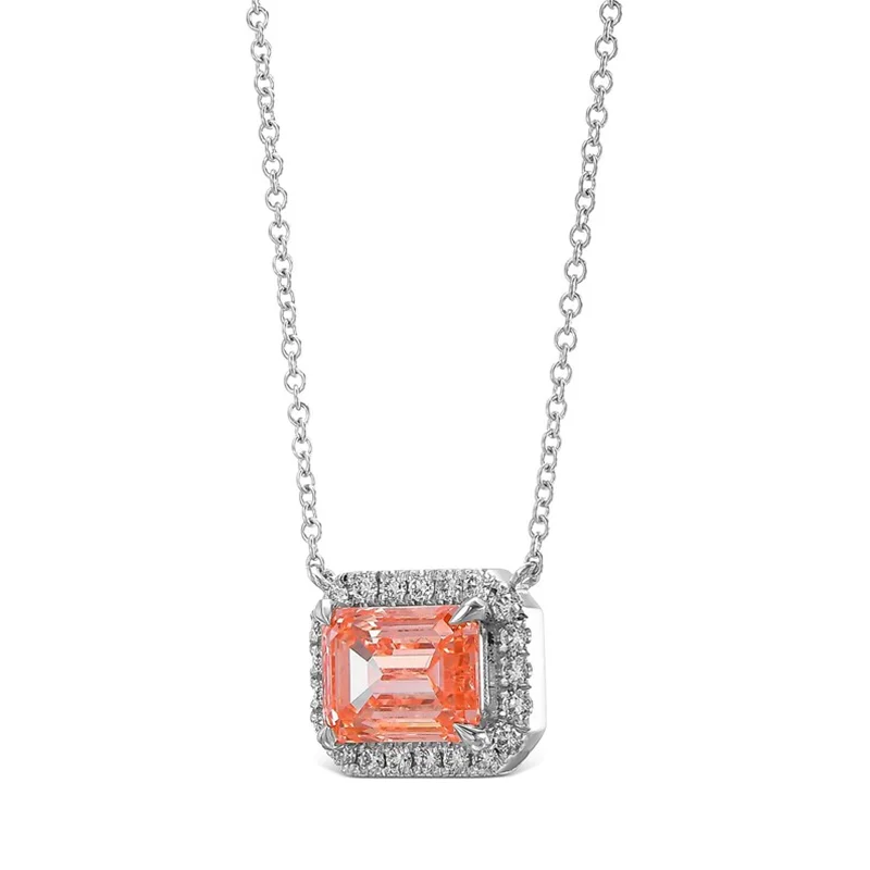 2Ct Fancy Pink Color VS/VVS Clarity Emerald Cut Lab Grown Pink Diamond Halo Pendant with Chain A Gift For Her