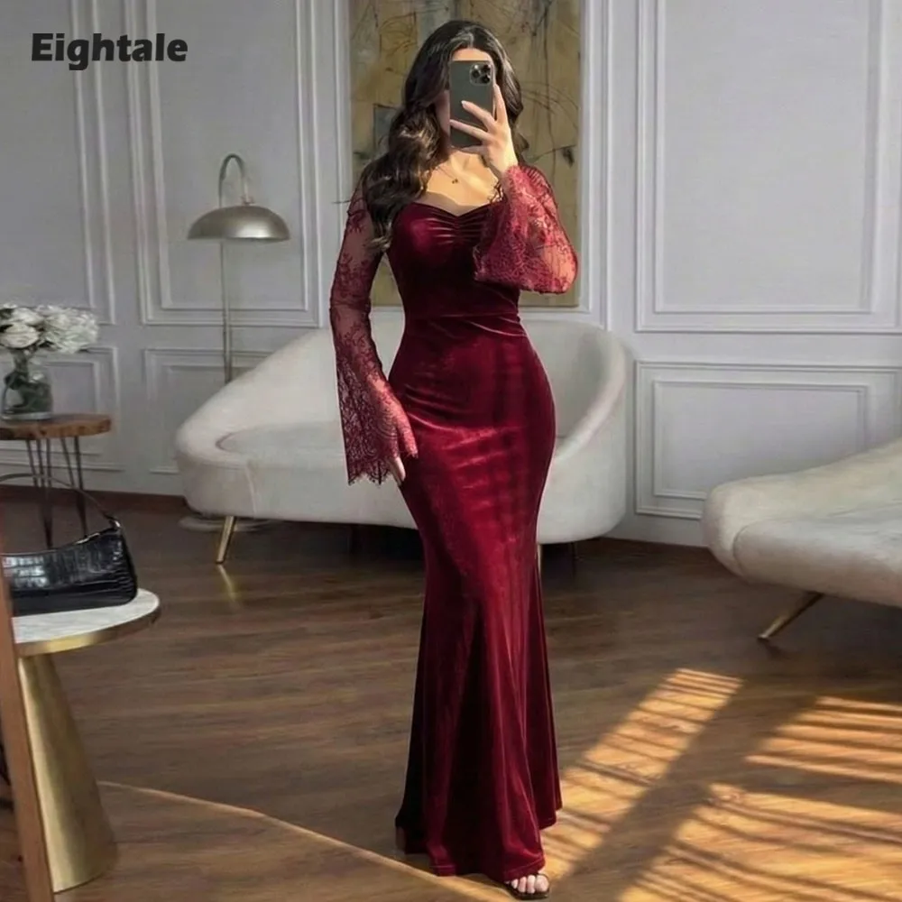 

Вечернее бархатное платье Eightale для свадебной вечеринки, индивидуальный пошив, с вырезом «сердечко», длинными рукавами, кружевное, фасон «русалка», арабские выпускные платья