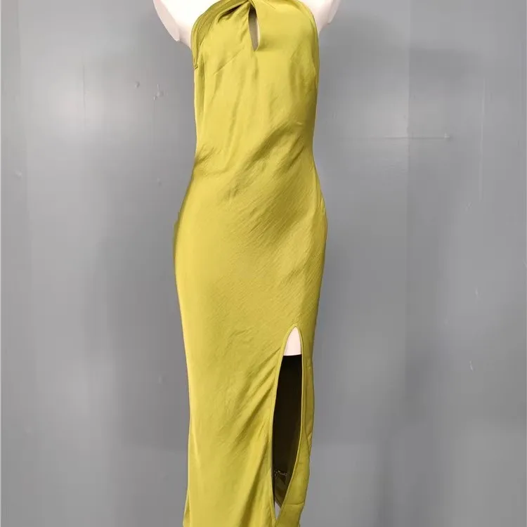 

Ele Smooth Satin Bal Dr with Knot Design Hanging Ne Sexy Lady's Wrap around Skirt Sle Silk Material for Par