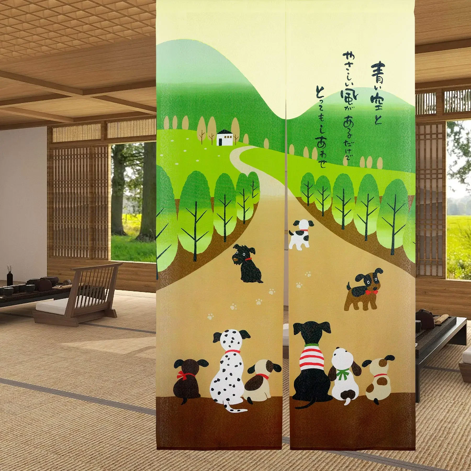 Happy Dogs Cherry Blossom Door Curtain Bedroom Living Room Noren Kitchen Entrance Decor Partition Split Curtain Doorway Curtains