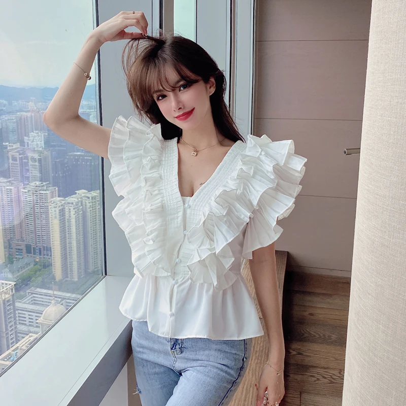 Pleated New Blusas V-neck Layered Ruffled Flying Sleeve Slim Waist Shirts Women\'s Spring Summer French Style Blouses