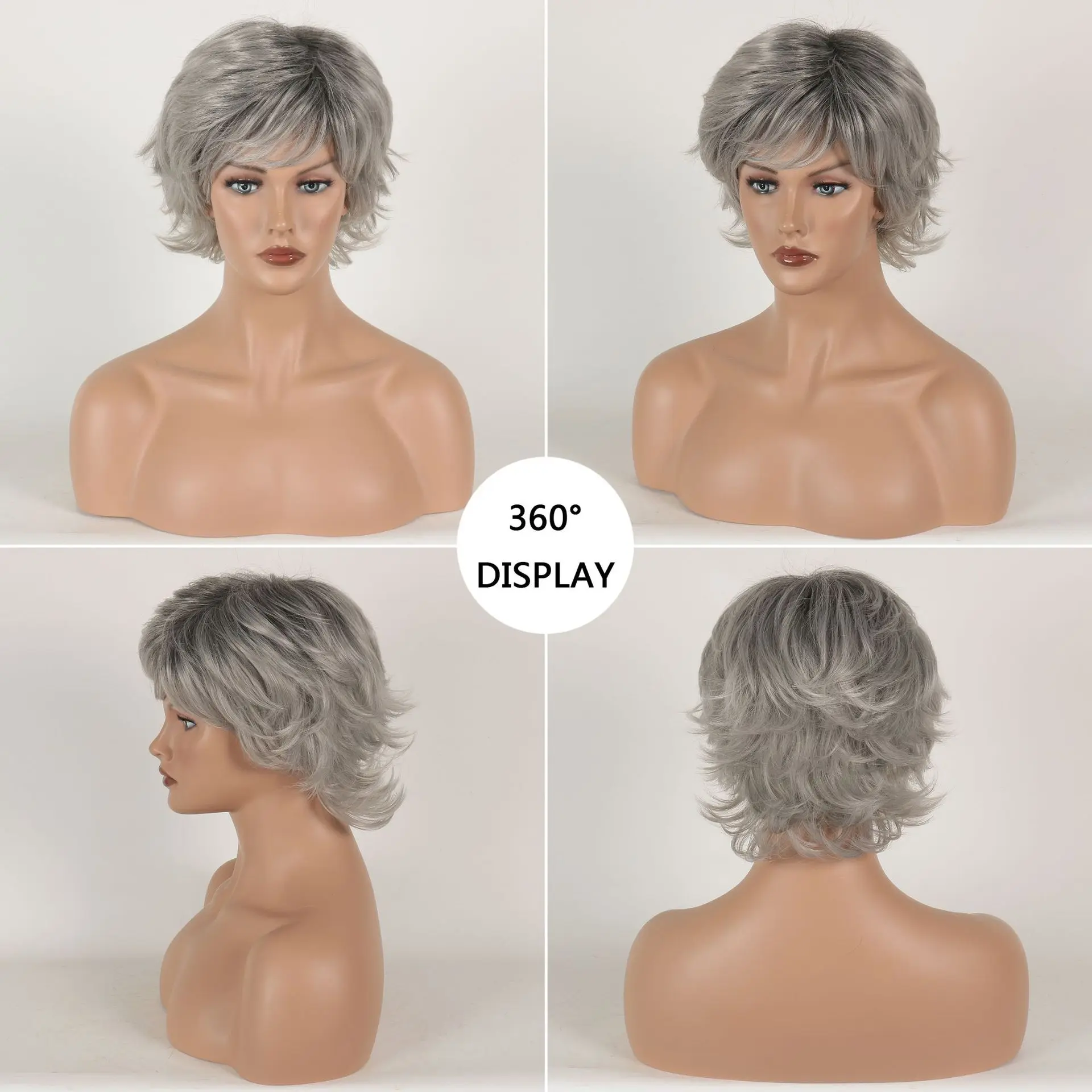 Synthetic Wigs Short Silver Grey Dark Root Curly Fake Hair with Bangs for Women Daily Use Breathable Wig