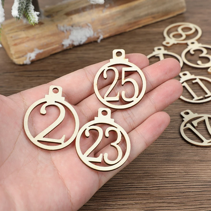 

25Pcs Christmas Advent Calendar Hollowed Digital Wood Ring Pendants Wooden Craft Christmas Tree Ornaments Wedding Birthday Decor