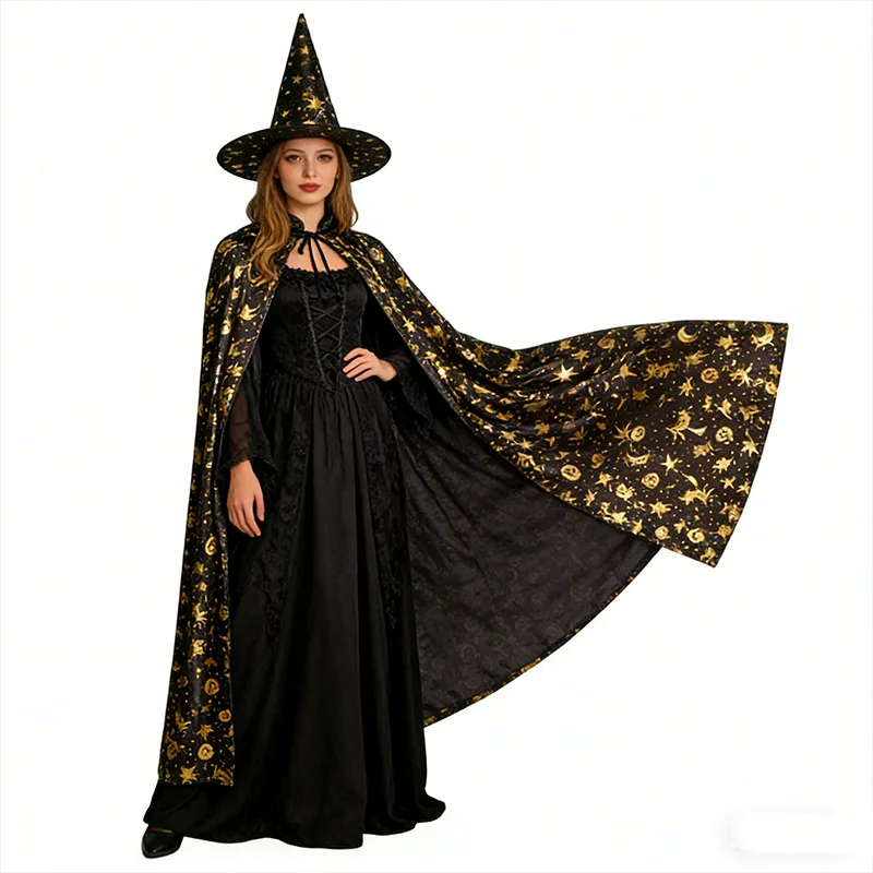

Adult Gold Foil Print Witch Pumpkin Cape Halloween Cosplay Costume Cloak For Masquerade Party Dress Up Prop