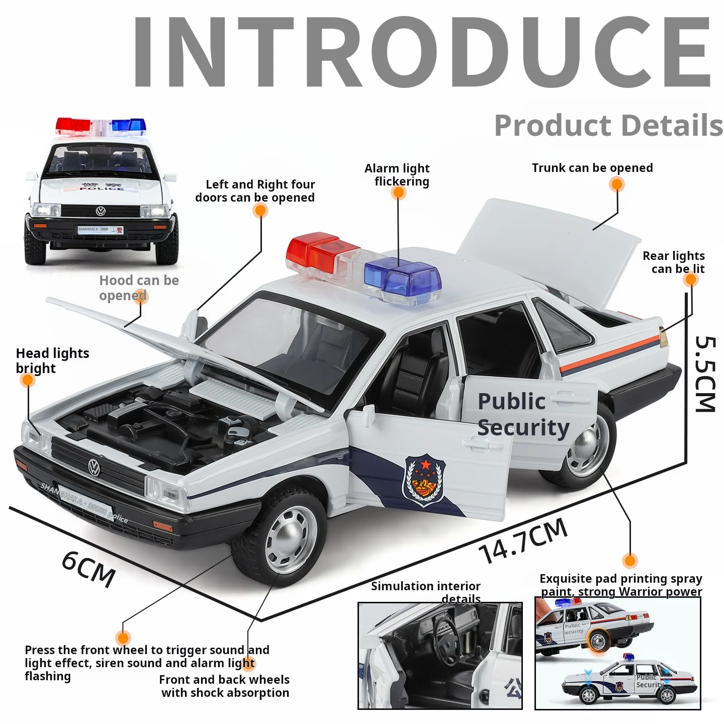 1:32 escala santana liga carro de polícia modelos fundidos portas abertas luz sonora puxar para trás veículo em miniatura para menino ornamento popular