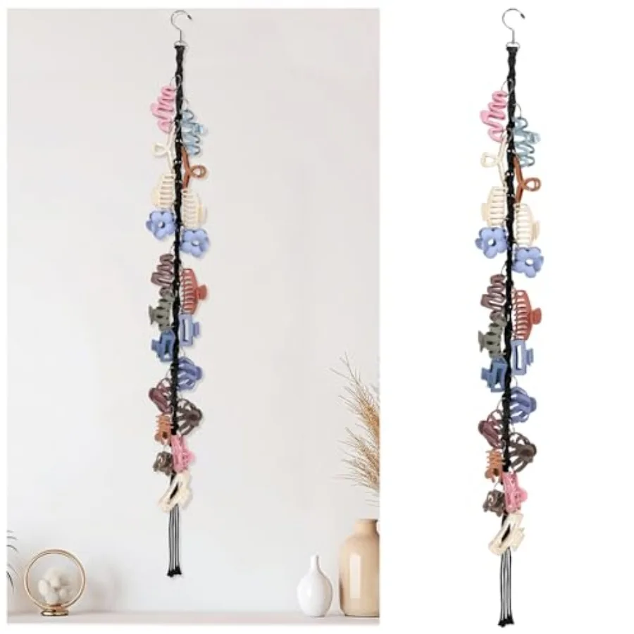 

Macrame Hair Claw Clip Organizer with Rotating Hook and 20 Metal Rings, Hanging Hair Clip Holder and Storage for Women Girls, C